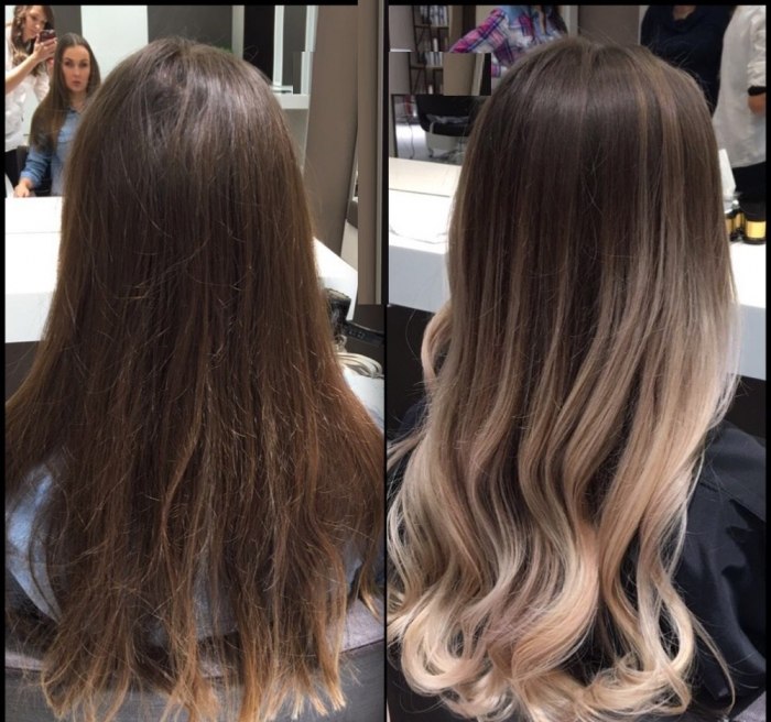 Фото покраски волос в два цвета на темные волосы средней длины
